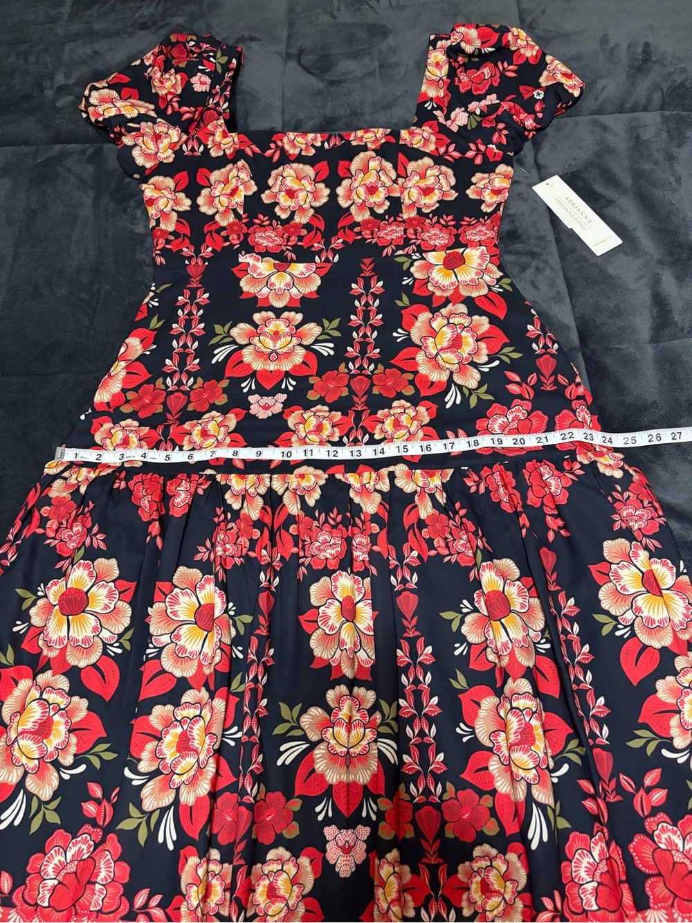 Adrianna Papell Red Floral Print Puff Sleeve Midi Dress - 14 - Picture 11 of 16